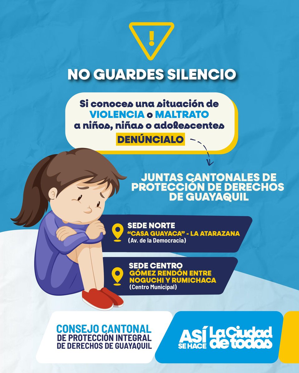 📢 Recuerda que en las Juntas Cantonales de Protección de Derechos de Guayaquil puedes denunciar situaciones de maltrato o vulneración de derechos contra NNA.

Actuar a tiempo es cuidar su presente y su futuro. 💙

#AsíSeHaceGuayaquil #GuayaquilCiudadDeDerechos