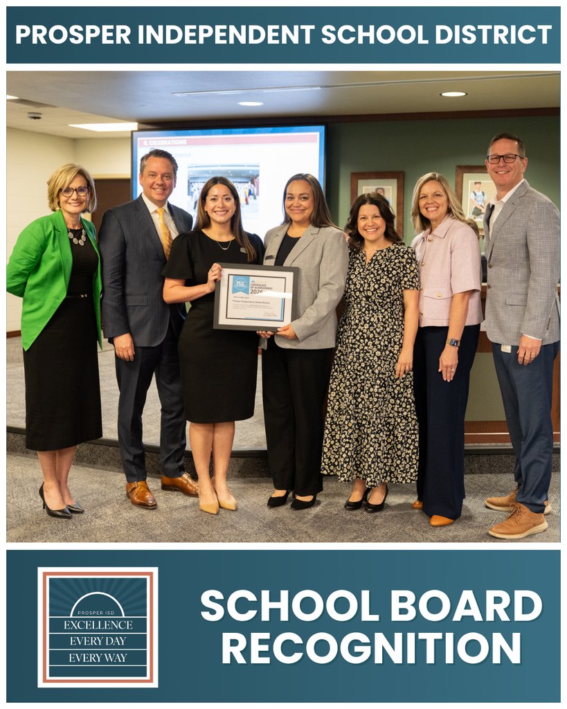 ProsperISD's tweet photo. Prosper ISD was recognized as a Model PLC District at this month’s School Board meeting ��� one of only 8 districts in Texas to earn this distinction. 🏆 We’re proud to celebrate this moment with our community! https://t.co/aYtvk0RnHl