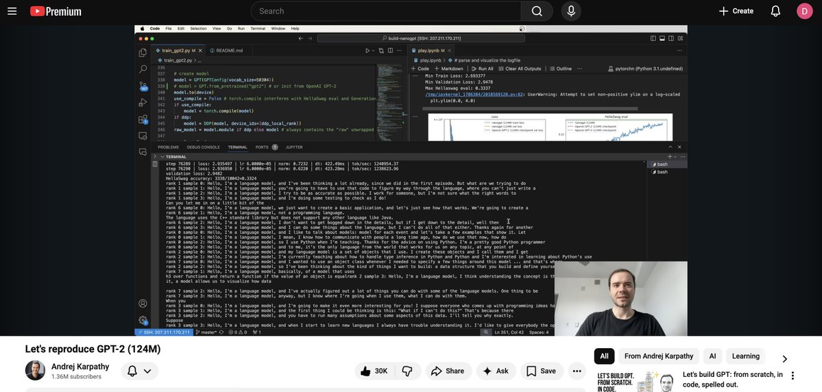The GPT-2 replication tutorial by <a href="/karpathy/">Andrej Karpathy</a> might be the best technical video on the internet. I watched every second.  One thing that surprised me: padding the tokenizer to an even number of total tokens actually speeds up training. The whole speedup section is packed with gems