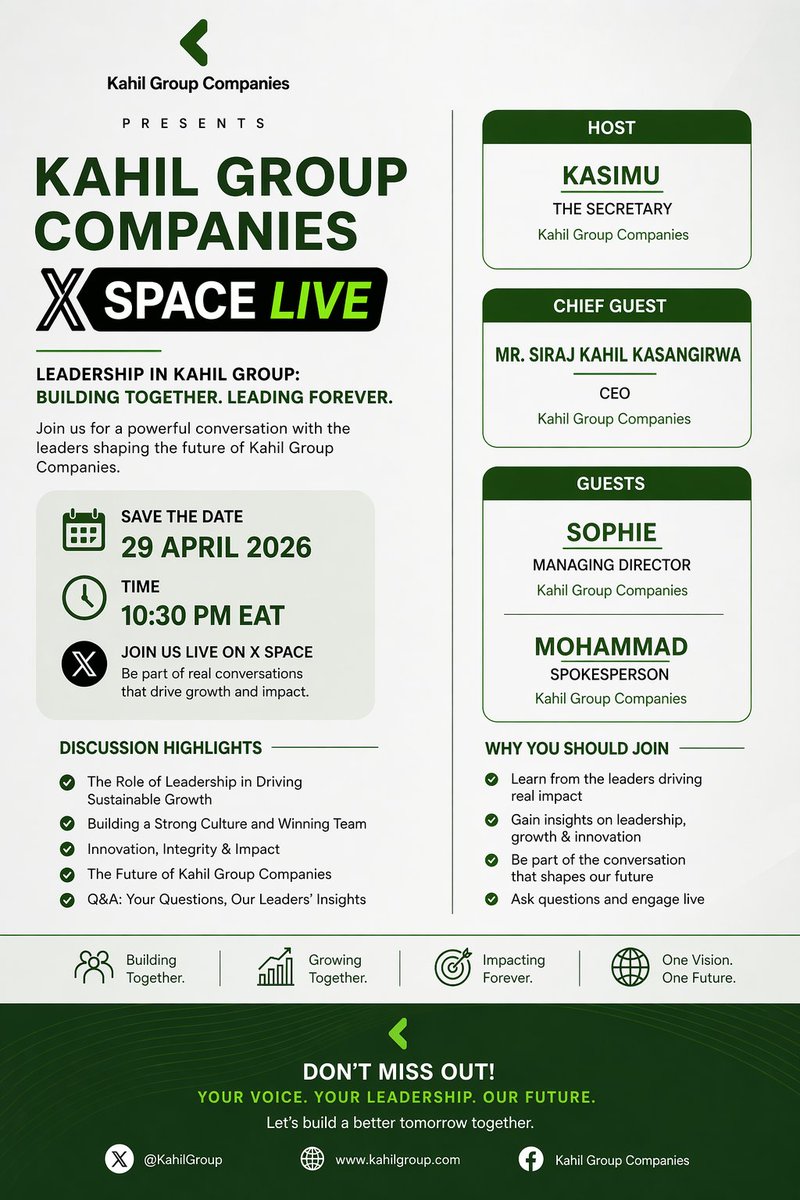 KAHILGROUP's tweet image. Leadership defines the future.
Join us LIVE.
29 April | 10:30 PM EAT
#KahilGroup #Leadership #Impact