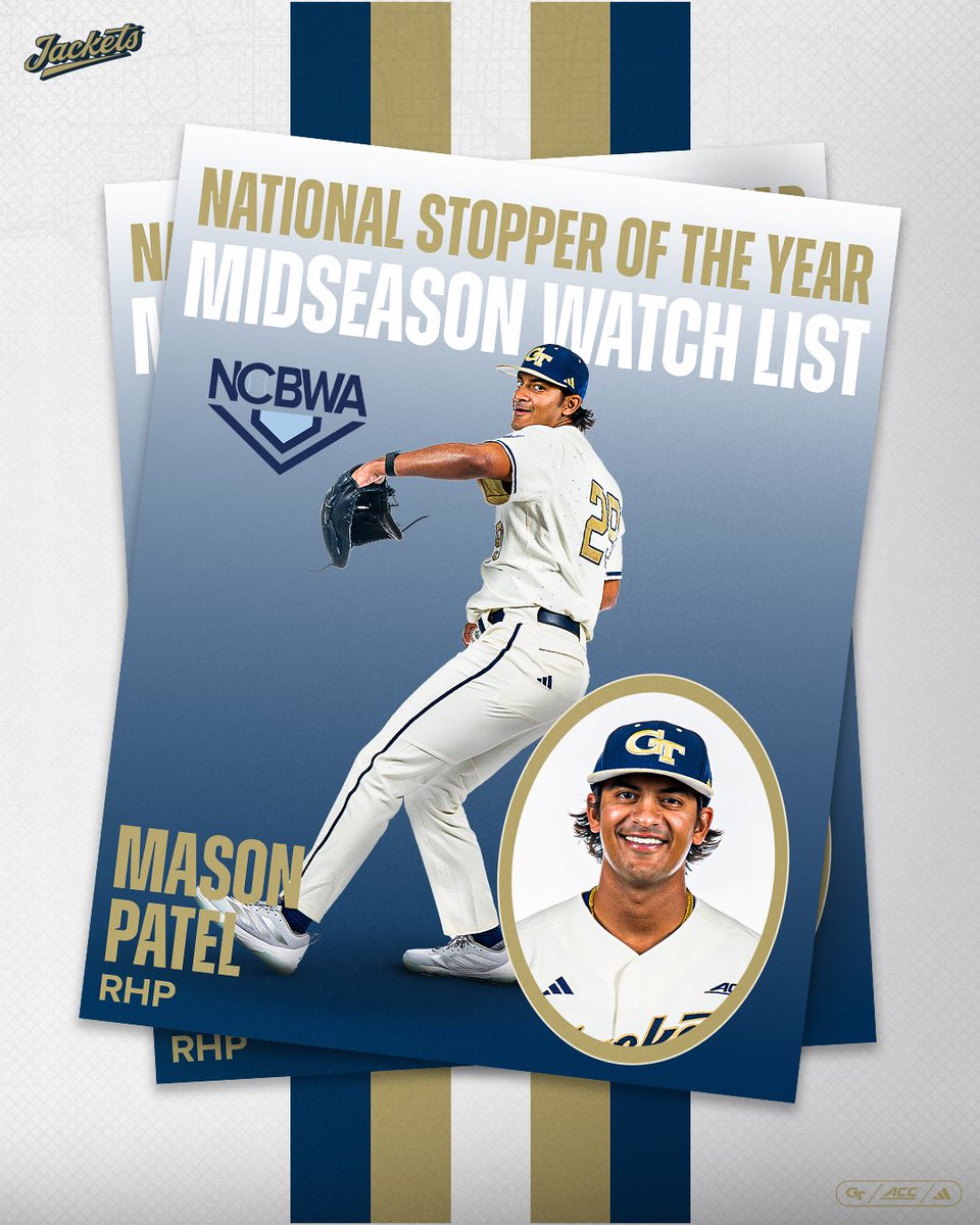 GTBaseball's tweet image. No surprise, @Mason_Patel has been named to the @NCBWA Stopper of the Year Midseason Watch List

📰 buzz.gt/MPSWL26

#StingEm🐝 x #AttackTheZone