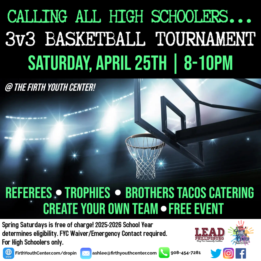 CALLING ALL HIGH SCHOOLERS!

We'll be hosting a 3v3 Basketball Tournament THIS Saturday 8-10pm. There will be referees, trophies, and Brothers Tacos catering. Create your own team or be placed on one!

Check out the flyer below for more info🥳