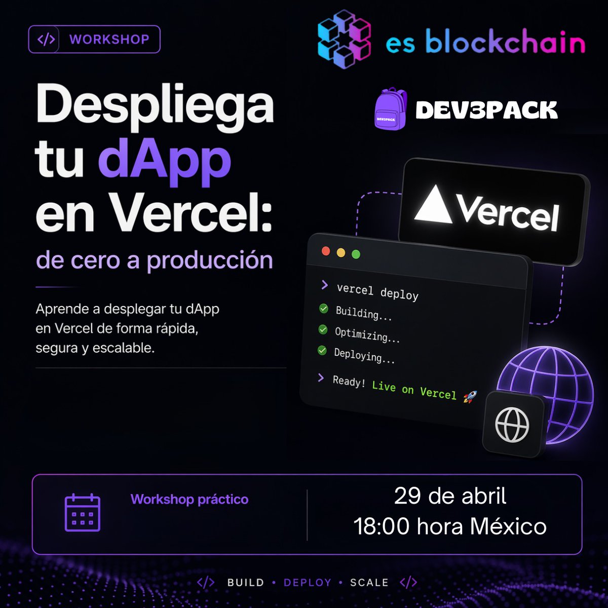 Irwingduran's tweet photo. workshop práctico en @vercel junto a @esBlockchain previo al hackathon by @dev3Pack
nada de teoría, solo:
✅ vercel deploy
✅ building...
✅ optimizing...
✅ ready! live on vercel 🚀

apúntate al luma y llega al hackathon con práctica 👇
https://t.co/rGcsRWmrxd https://t.co/vTbGxIdRIV