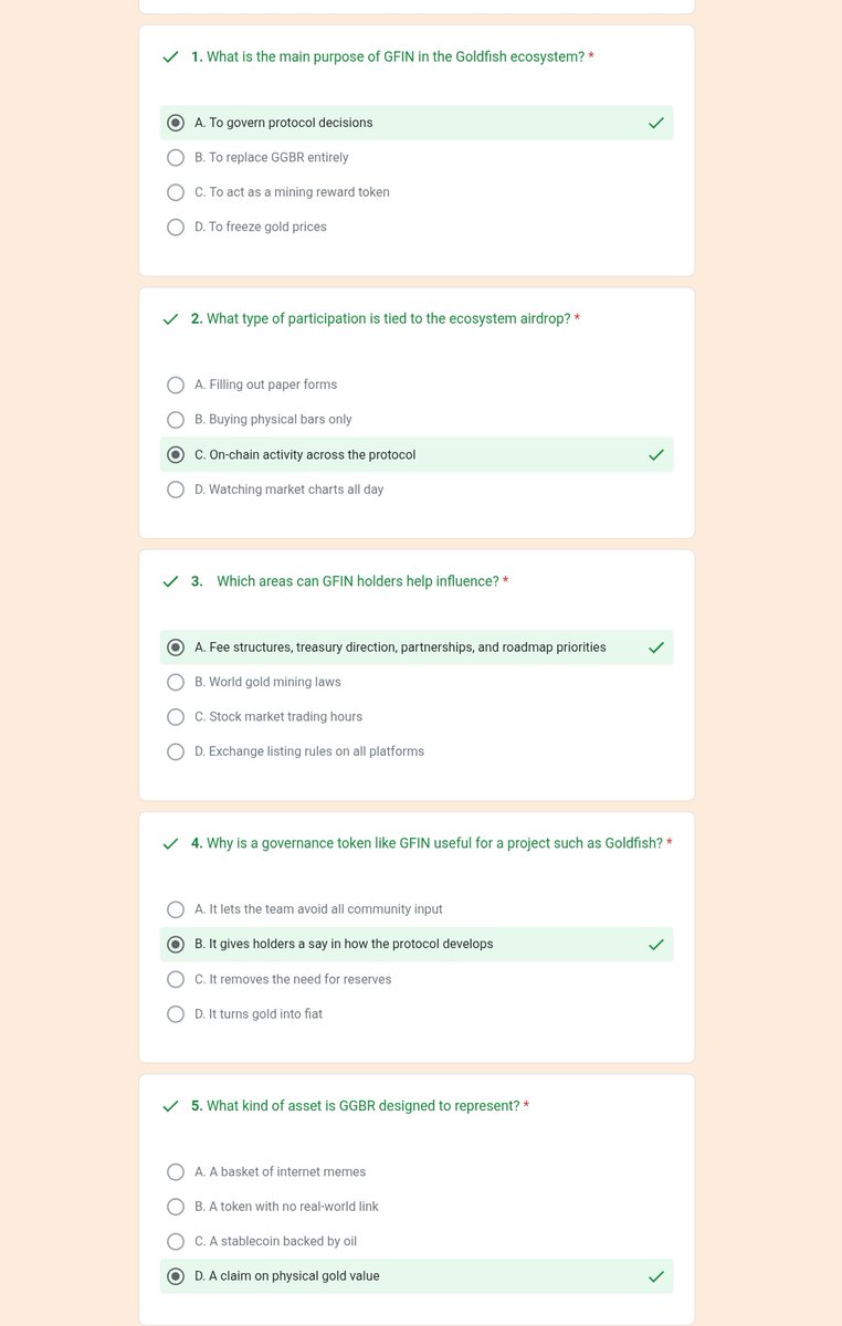 Goldfish Weekly Educational Quiz

✨ 30 points for all participants
➕ 10 bonus points for passed quiz

Form: docs.google.com/forms/d/e/1FAI…

Submit before APRIL 23RD, 2PM UTC 

Ans: ACABD

Earn rewards from the $GFIN Airdrop Pool 🪂 + exclusive Discord roles.