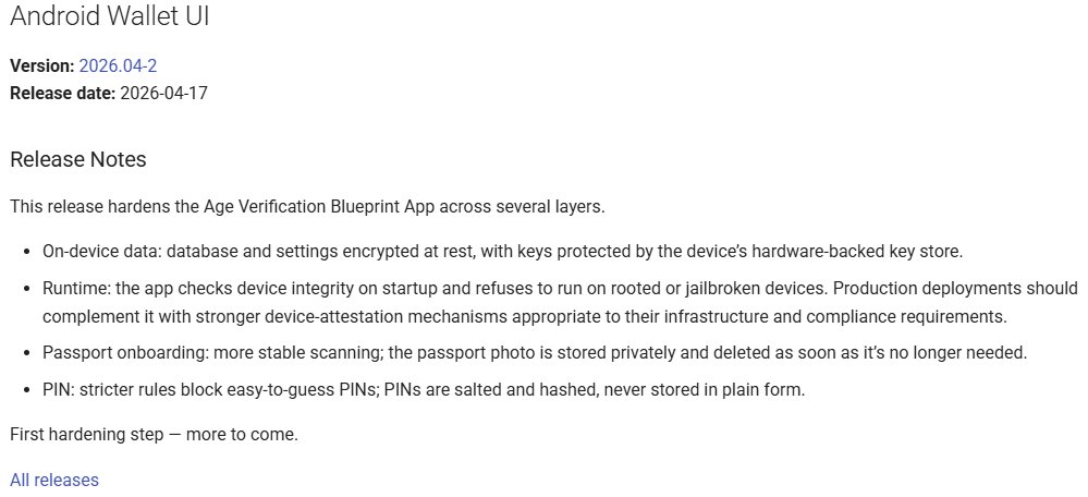 Paul_Reviews's tweet photo. The @EU_Commission has released an update to patch out the issues I raised last week, v2026.04-2 (https://t.co/twlSbndQ0e)

Honestly, I don't know if I should laugh or cry.

Let's review each one:
1.  On-device data: database and settings encrypted at rest, with keys protected by the device’s hardware-backed key store.
Sounds great, until you look closer.

They introduced https://t.co/9ejV5P6lqE:security-crypto, deprecated in 2025. Also https://t.co/9ejV5P6lqE.crypto.EncryptedSharedPreferences, deprecated in 2025.  Finally, https://t.co/9ejV5P6lqE.crypto.MasterKeys, which were deprecated in 2020.

3 deprecated dependencies introduced following criticism over weak security.  These weren't left over and missed during an update... they've added them now to "harden security".  Remember, this isn't an isolated app. It's intended to lay the foundation for many production applications; all using deprecated security libraries from the outset.

Worse, they already correctly use KeystoreController in their codebase.  The correct answer already existed and they still got it wrong.

2.  Runtime: the app checks device integrity on startup and refuses to run on rooted or jailbroken devices. Production deployments should complement it with stronger device-attestation mechanisms appropriate to their infrastructure and compliance requirements.
They check for su, check package manager for root apps, run "which su" and checks if it's a custom ROM.

Paths:
/system/bin/su
/system/xbin/su
/sbin/su
/system/su
/data/local/su
/data/local/bin/su
/data/local/xbin/su
/system/app/Superuser.apk
/system/app/SuperSU.apk

Great... in 2015.  These are all trivially bypassed in 2026.

3.  Passport onboarding: more stable scanning; the passport photo is stored privately and deleted as soon as it’s no longer needed.
They're still not encrypted, so I'm not sure what "privately" means - but they are deleted correctly now.

4.  PIN: stricter rules block easy-to-guess PINs; PINs are salted and hashed, never stored in plain form.
They salt correctly (a true CSPRNG), then use PBKDF2-SHA256 - which is outdated and only recommended where FIPS compliance is required, which doesn't apply here.

To make matters worse, they use just 210,000 iterations.

For those of a NISTy disposition, you're likely already shaking your head.  210,000 seems oddly specific.

It is. It's the @owasp minimum for PBKDF2-SHA512, not SHA256.  Right number, wrong algorithm.  In reality, OWASP recommended 600,000 iterations as a minimum in 2023.

Worse still, 600,000 is the baseline minimum for passwords, not PINs with 1 million permutations.  You could use 1B iterations, you're not measurably increasing security when there are so few attempts required to break it.  At the very least, use a modern hash with reasonable brute-force resistance against a 2026 threat model.

All this... cited as a "first hardening step".  Again, utter security theatre.

None of this negates my fundamental point.  This isn't fixable through code - it's fundamentally ill-conceived and poorly implemented.