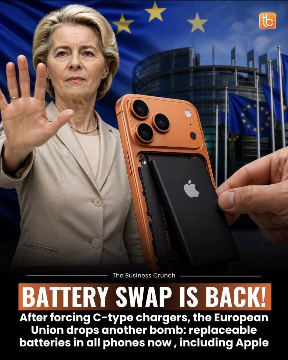 sunny0_'s tweet image. The European Union is quietly changing the rules of the game.

After forcing USB-C chargers, they are now pushing for #replaceable batteries in all smartphones, including Apple. 

If the #battery dies, #replace it. Do not replace the entire phone.