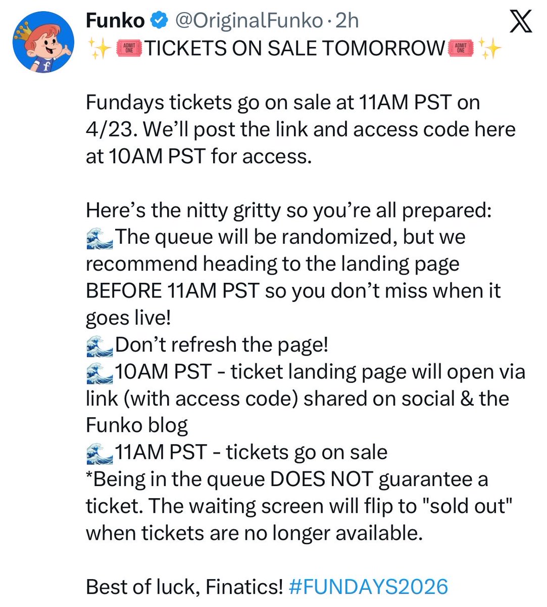 FunkoPOPsNews's tweet photo. Stay tuned.. Funko FunDay tickets go live on sale tomorrow! 11AM PT! Good luck ~ 

#FunDays #FunkoPOPNews #Funko #FunkoPOP https://t.co/VgDYISC0q0