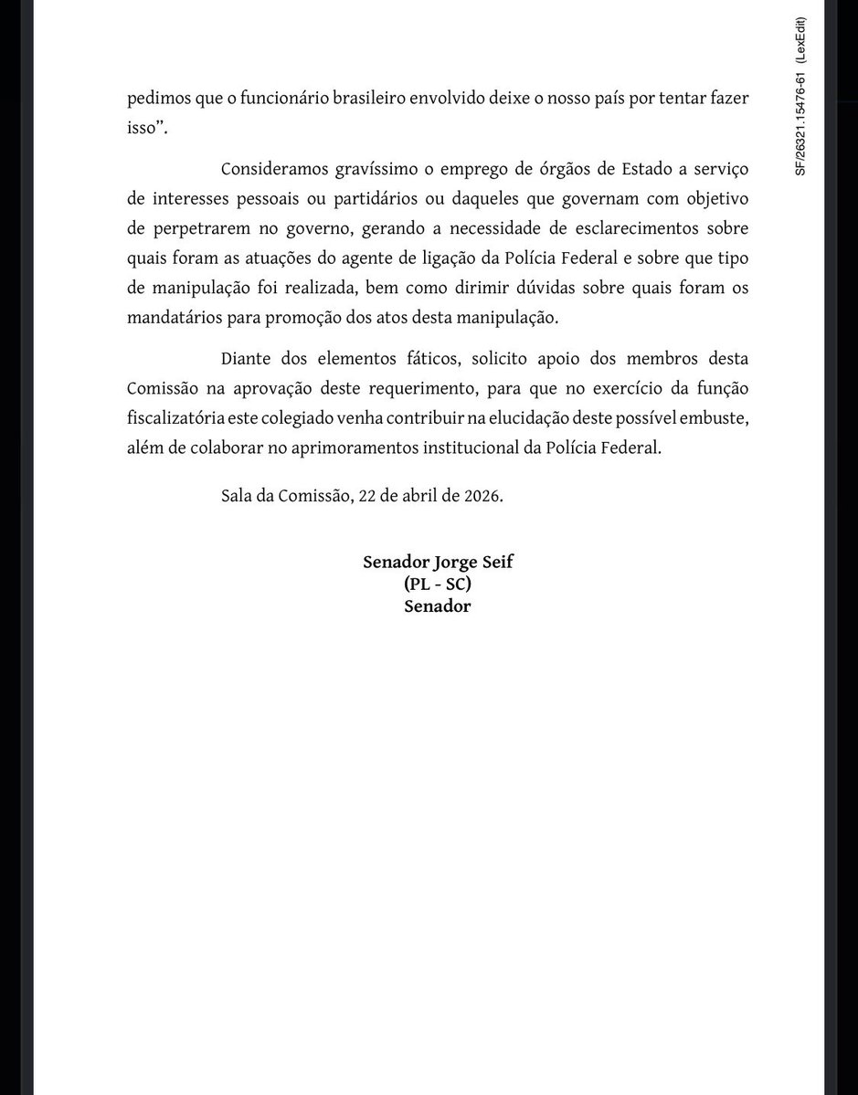 Acabo de protocolar na Comissão de Segurança Pública (CSP) do Senado Federal o requerimento de convocação do Dr. Marcelo Ivo de Carvalho, delegado da Polícia Federal.

Segundo amplamente noticiado pela imprensa, ele foi expulso dos Estados Unidos sob a acusação de “manipulação do