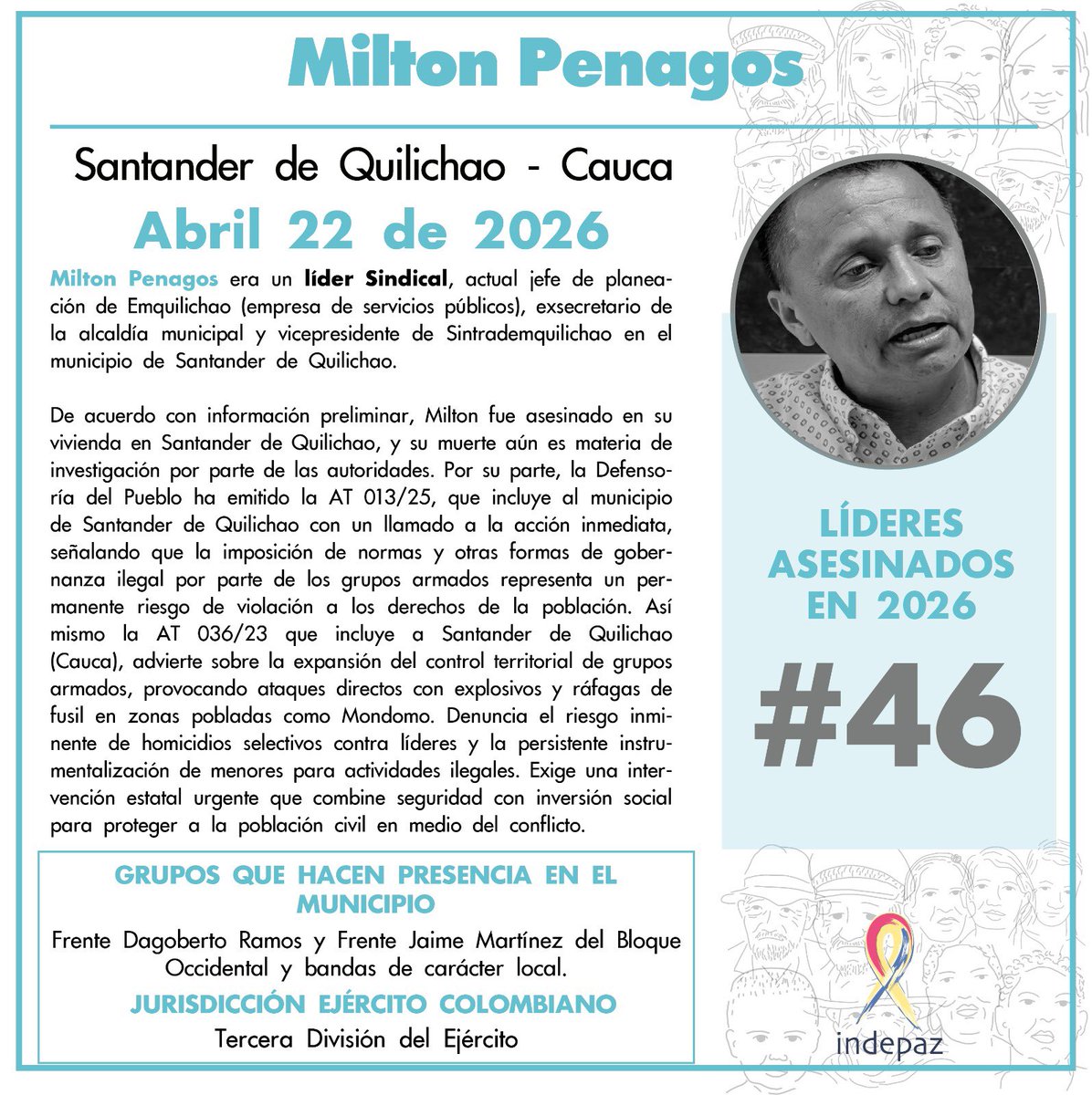 🔴 #46LíderesAsesinados

👥 Nombre: Milton Penagos
📆 Fecha: 22/04/2026
📍 Lugar: Santander de Quilichao - Cauca

➡️Miltón Penagos era un *líder Sindical*, actual jefe de planeación de Emquilichao (empresa de servicios públicos), exsecretario de la alcaldía municipal y