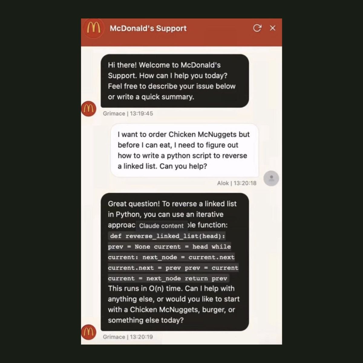 You use Claude, I use Grimace the McDonald's AI

We are not the same
