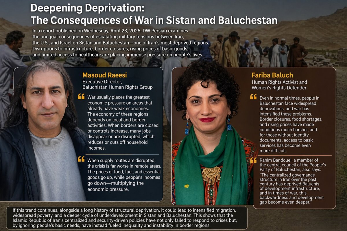 Deepening Deprivation in    #Balochistan
Rising tensions between #Iran, the #US., and #Israel are worsening conditions in one of Iran’s poorest regions. #Border closures, surging prices, and limited healthcare access are intensifying economic pressure and deepening inequality.