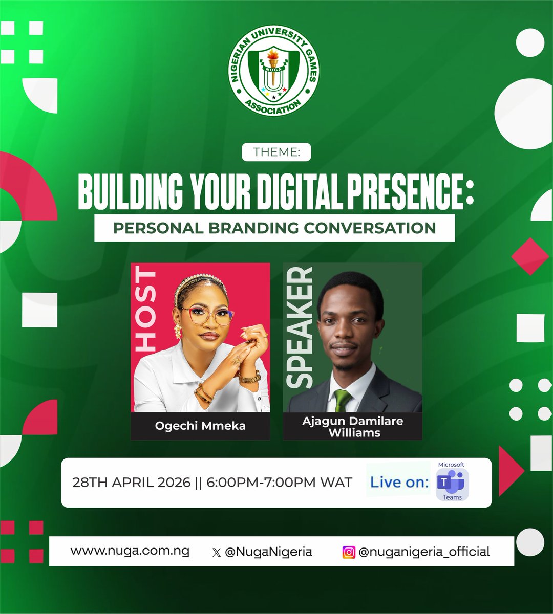 This session will focus on how Nigerian students, volunteers, athletes, and young professionals.

🔗 Registration Link for the Session:

events.teams.microsoft.com/event/3674cfe5…

#NUGA