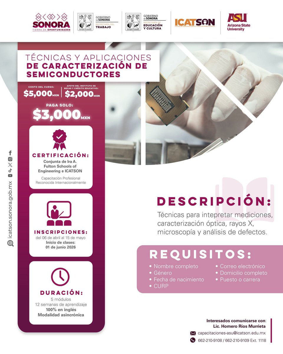 icatsoncaborca1's tweet photo. Prepárate en las áreas que están
transformando el mundo y accede a nuevas
oportunidades en la industria tecnológica. 🚀
En colaboración con Arizona State University (ASU), te
invitamos a formar parte de los cursos especializados
en:
🔹 Diseño y fabricación de encapsulado https://t.co/ANPSfJAPxV