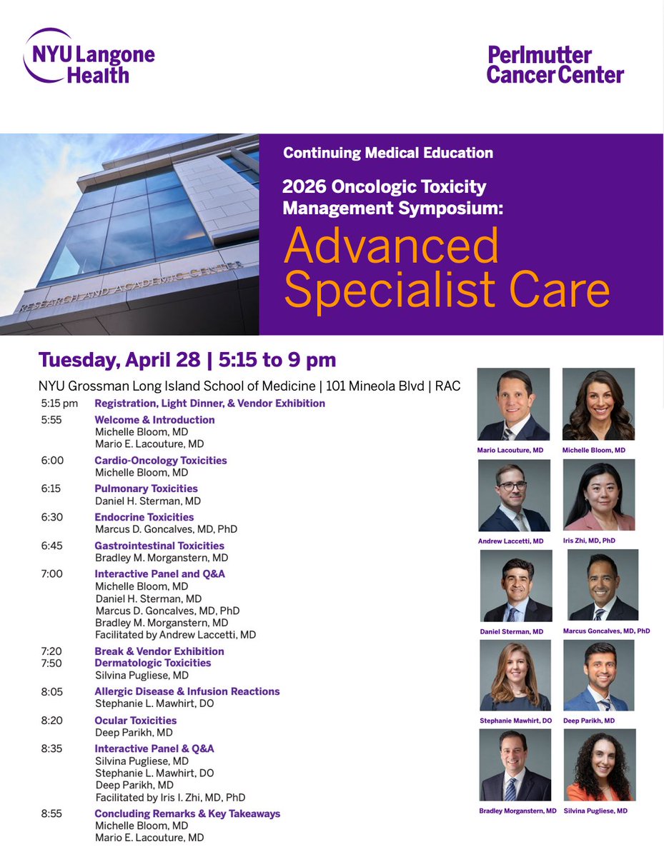 Perlmutter_CC's tweet image. We’re thrilled to host the 2026 Oncologic Toxicity Management Symposium: Advanced Specialist Care for  healthcare professionals.

RSVP to learn approaches for recognizing &amp;amp; managing treatment-related #toxicity across organ systems: tinyurl.com/4zert49m

#CME #Oncology #MedX