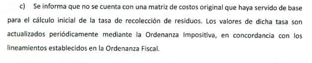 A ESTE EXACTO PUNTO QUERIA LLEGAR Y LLEGUE, A QUE UNA MUNICIPALIDAD CONFIESE QUE EL COSTO DE LAS TASAS NO TIENEN NINGUNA MATRIZ DE COSTOS QUE LAS JUSTIFIQUE