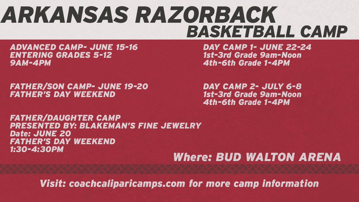 CoachCalArk's tweet image. One of my favorite times of the year is almost here! Basketball camp registration is now open! I am excited to not only have Father/Son, Father/Daughter, and our day camps on campus but we are also taking camps on the road again! Satellite camps in Central Arkansas (Conway,