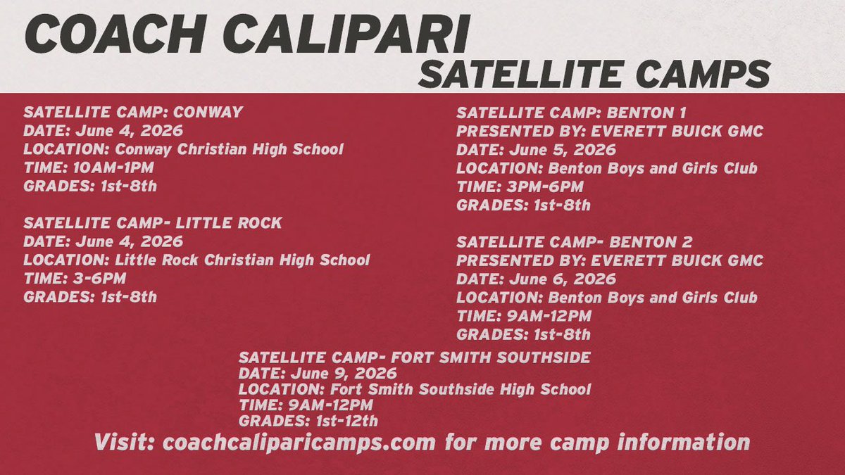 CoachCalArk's tweet image. One of my favorite times of the year is almost here! Basketball camp registration is now open! I am excited to not only have Father/Son, Father/Daughter, and our day camps on campus but we are also taking camps on the road again! Satellite camps in Central Arkansas (Conway,