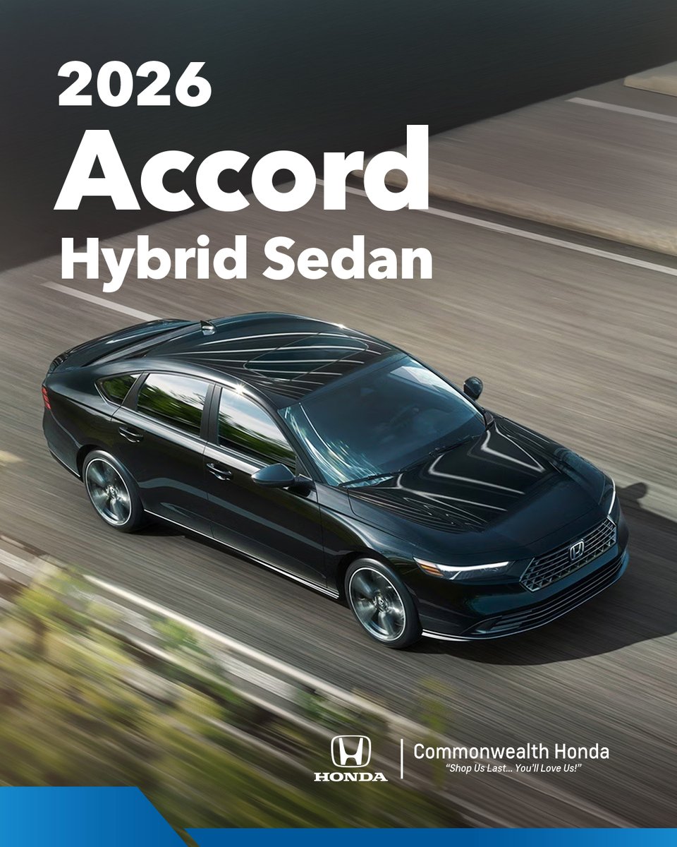 shopuslast's tweet image. Ready to drive something smarter? Check out the 2026 Honda Accord Hybrid Sedan ⚡️

Sleek style, hybrid efficiency, premium comfort, and the tech you want all in one sharp-looking sedan. 

Explore it now at CommonwealthHonda.com

#Honda #AccordHybrid #HondaAccord #HybridSedan
