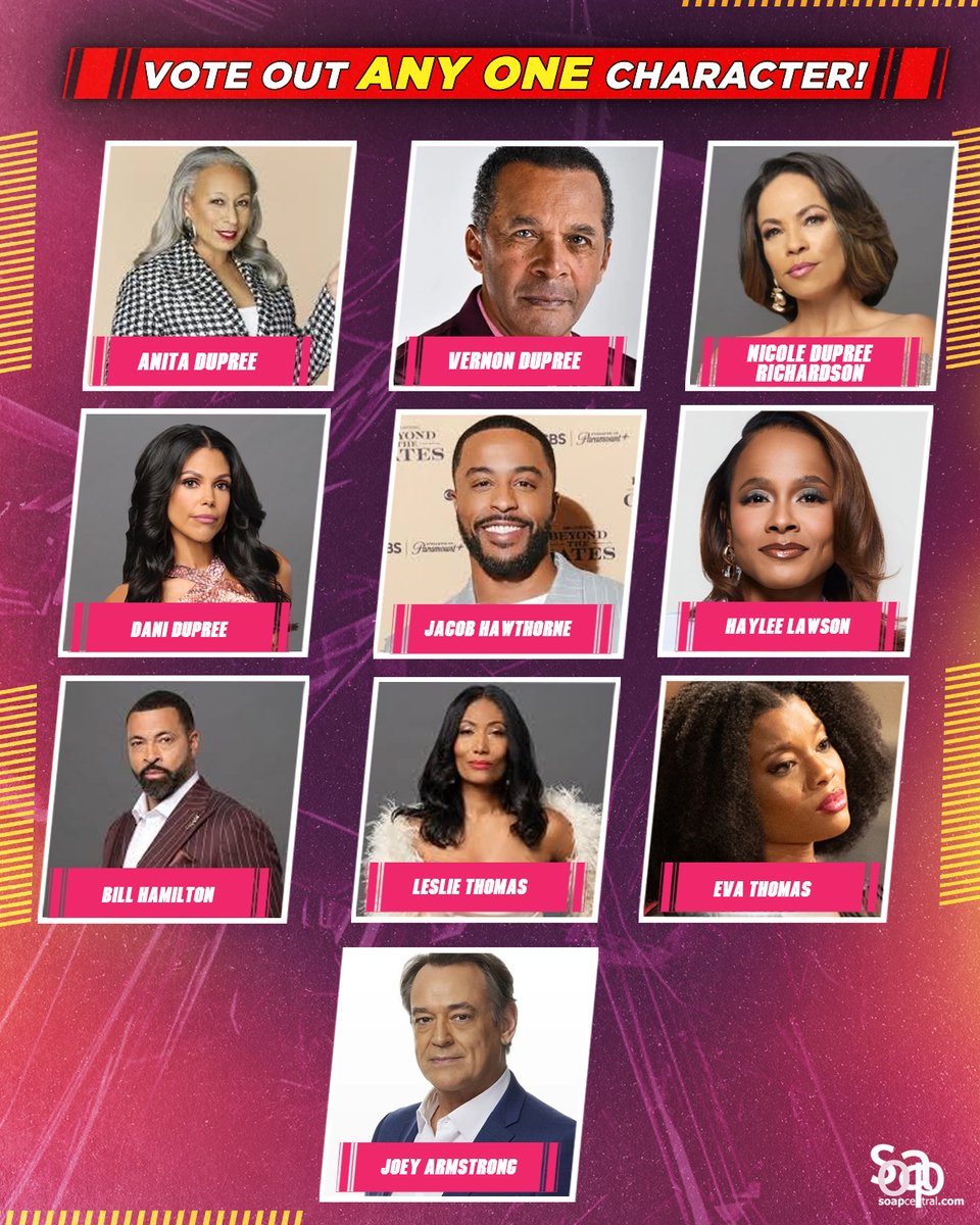 soapcentral's tweet image. Vote out ONE character and let the eliminations begin 👀 
Who’s the first to go? 
Drop your pick below ⬇️
#BeyondTheGates