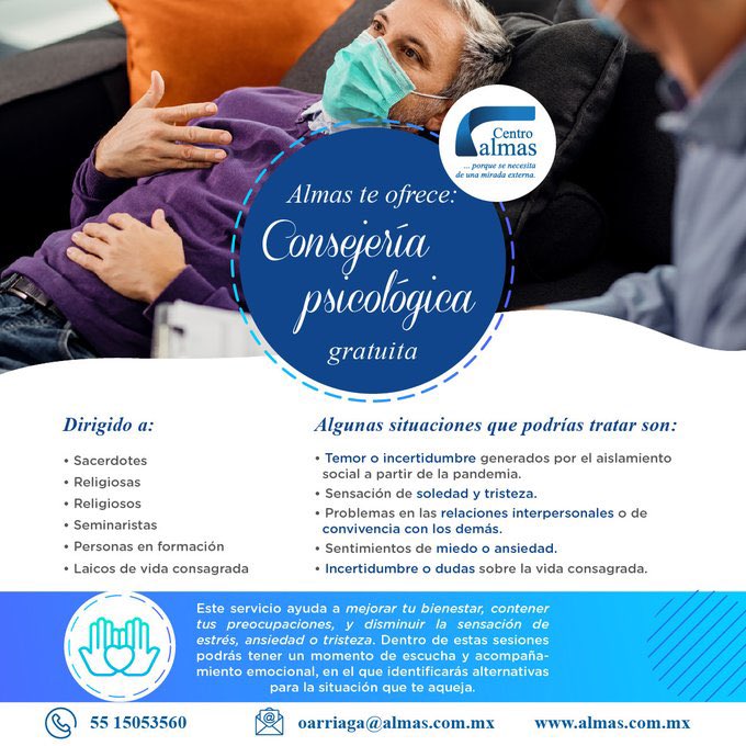 ALMASac's tweet image. ¿Necesitas contener tus preocupaciones y disminuir la sensación de estrés, ansiedad o tristeza?

CONSEJERIA PSICOLÓGICA ALMAS, dirigida a Sacerdotes, religiosas/os, seminaristas, personas en formación y laicos de vida consagrada. #gratuita

📞 5515053560
📩 oarriaga@almas.com.mx