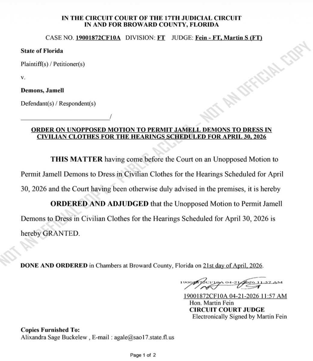State of FL v. <a href="/YNWMelly/">Melvin & Melly 2 Face 🌗</a>: Retrial

According to new order filed on April 21, YNW Melly, whose real name is Jamel Demons, is asked to dress in a suit for his All Pending Motions hearing next Thursday, April 30, with Judge Martin Fein presiding. 

YNW Melly refused to appear at the