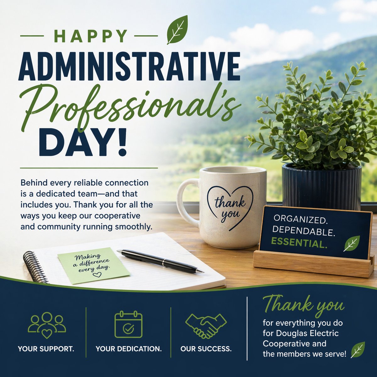 DOUGLAS_COOP's tweet photo. Happy Administrative Professionals Day!
Douglas Electric is fortunate to have an incredible team, and today we want to take a moment to recognize and thank the people who keep everything running behind the scenes.
 
When you call or stop by for help with your account, you’re likely greeted by one of our Member Service Representatives—Stacey or Traci—always ready with a smile and a positive attitude. They work hard every day to take care of our members.
 
Farrah and Becki, our Operations Assistants, keep everything connected behind the scenes—supporting our crews and engineers while helping ensure work orders and member communications run smoothly for a positive member experience.
 
Rosalinda, our Accounts Payable Clerk, manages a high volume of transactions each month and ensures our members’ funds are used responsibly—paying only legitimate expenses. And while the rest of us aren’t always the best at paperwork, Rosalinda keeps us organized and on track.
 
A special shoutout to Grace, our payroll and HR professional, who keeps everything running behind the scenes—from making sure everyone is paid accurately to supporting our team every day. Her work truly touches every employee at Douglas Electric.
 
And if you attended the annual meeting, you’ve seen Erika’s work firsthand. As our Executive Assistant, she handles the heavy lifting behind that event—and so many others—while ensuring our Executive Team and Board of Directors are always prepared and informed.
 
We appreciate your dedication and all that you do—thank you! 💙
#AdministrativeProfessionalsDay #ThankYou #CooperativeStrong
