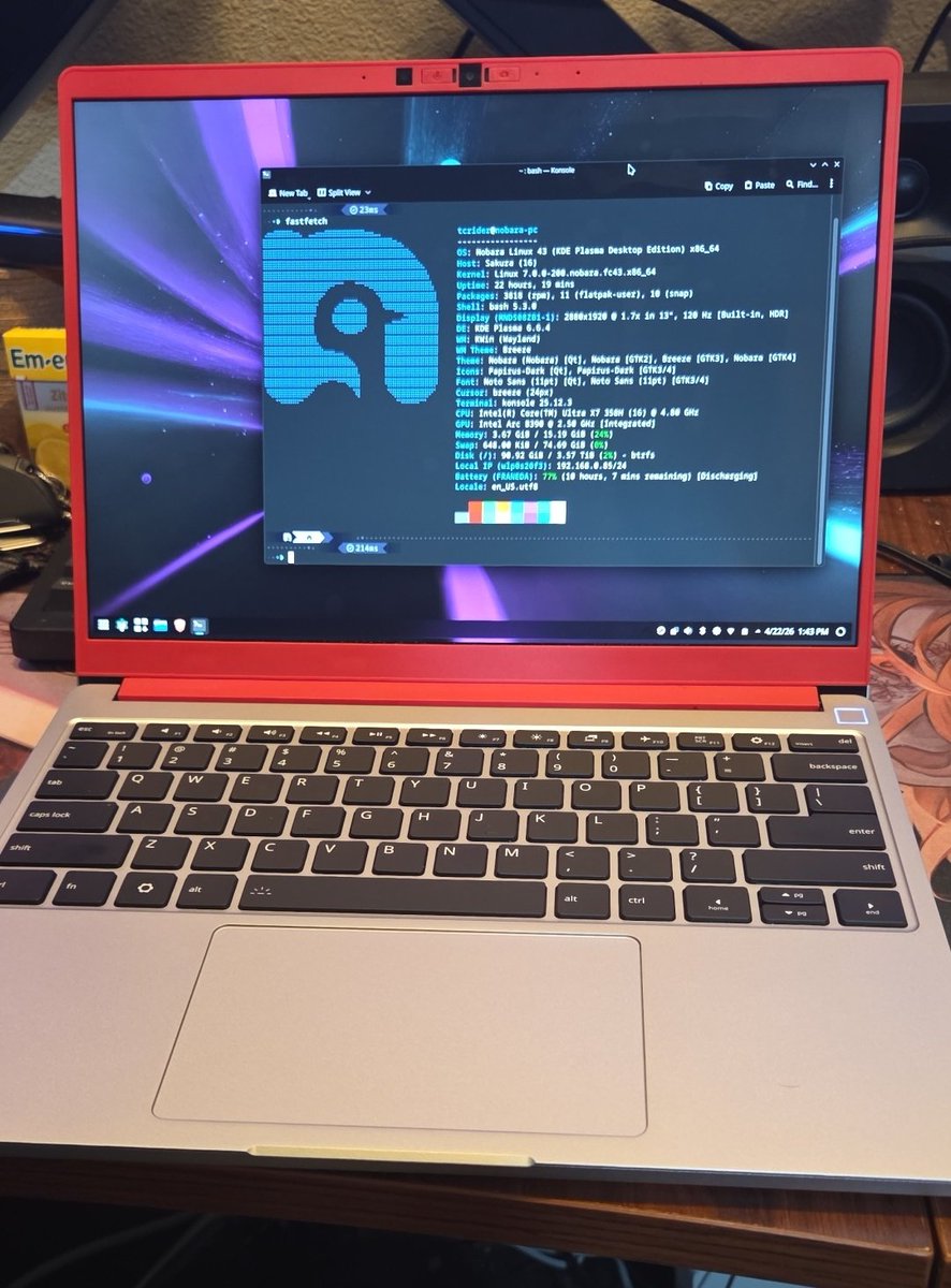 GloriousEggroll's tweet photo. @FrameworkPuter were kind enough to send out one of their new Framework Pro Intel 358H Ultra x7 models to us for testing, happy to report Nobara runs beautifully on it, and Kernel 7 runs great with fully functional wifi/bt, sleep/hibernate,  and freakishly good battery life. https://t.co/E9Z1N17hj6