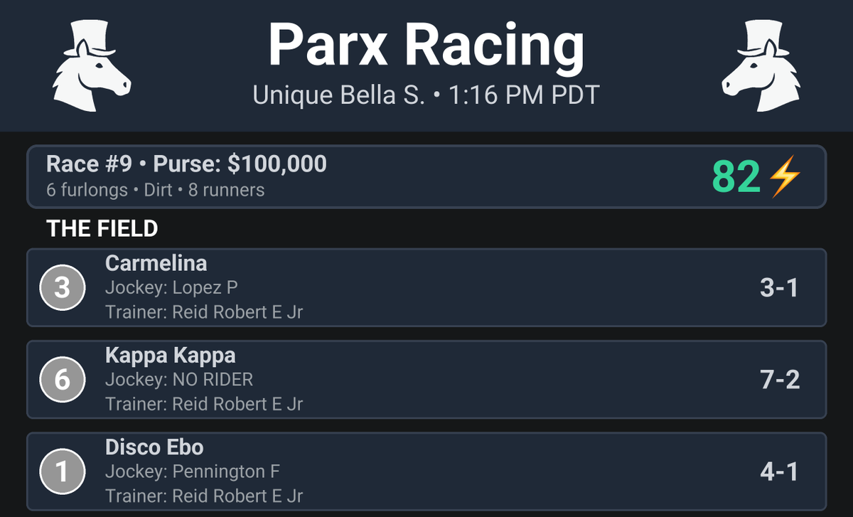CapperRacing's tweet photo. 🏇 Race Alert!

Parx Racing Race #9
Unique Bella S.

📍 Post Time: 1:16 PM MST
⚡️ Thrill Score: 82⚡️

#HorseRacing #ParxRacing #Racing https://t.co/QBXaDe3igW