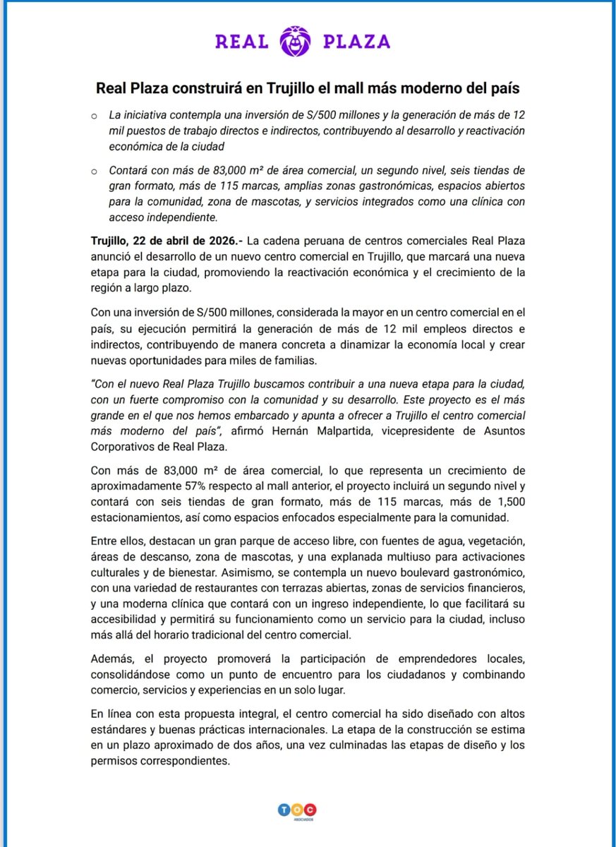 Qué bueno ver que siguen apostando por el desarrollo de Trujillo. #RealPlazaNuevoMallEnTrujillo