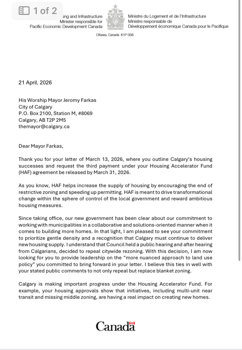 AdamMacVicar's tweet image. NEW: Here’s the letter from the federal housing minister to Mayor Jeromy Farkas about the third instalment of Calgary’s Housing Accelerator Funding. 

Conditions include a zoning replacement in effect by the end of October.