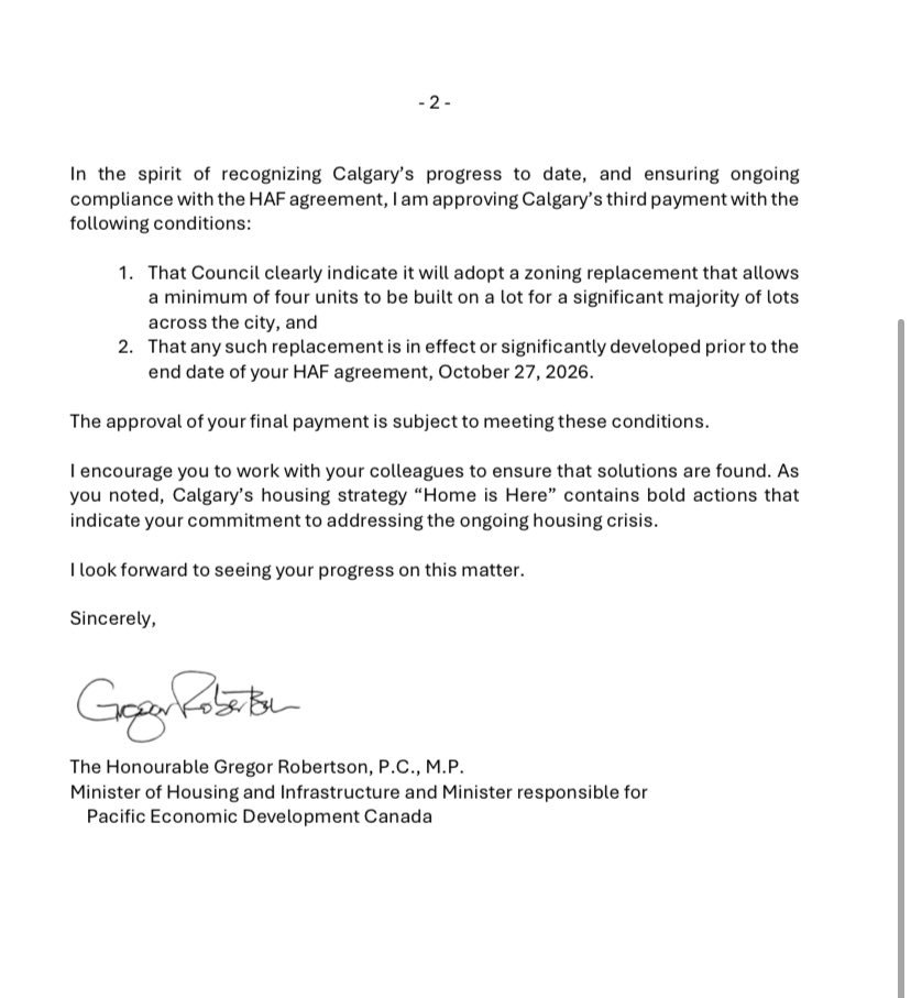AdamMacVicar's tweet image. NEW: Here’s the letter from the federal housing minister to Mayor Jeromy Farkas about the third instalment of Calgary’s Housing Accelerator Funding. 

Conditions include a zoning replacement in effect by the end of October.