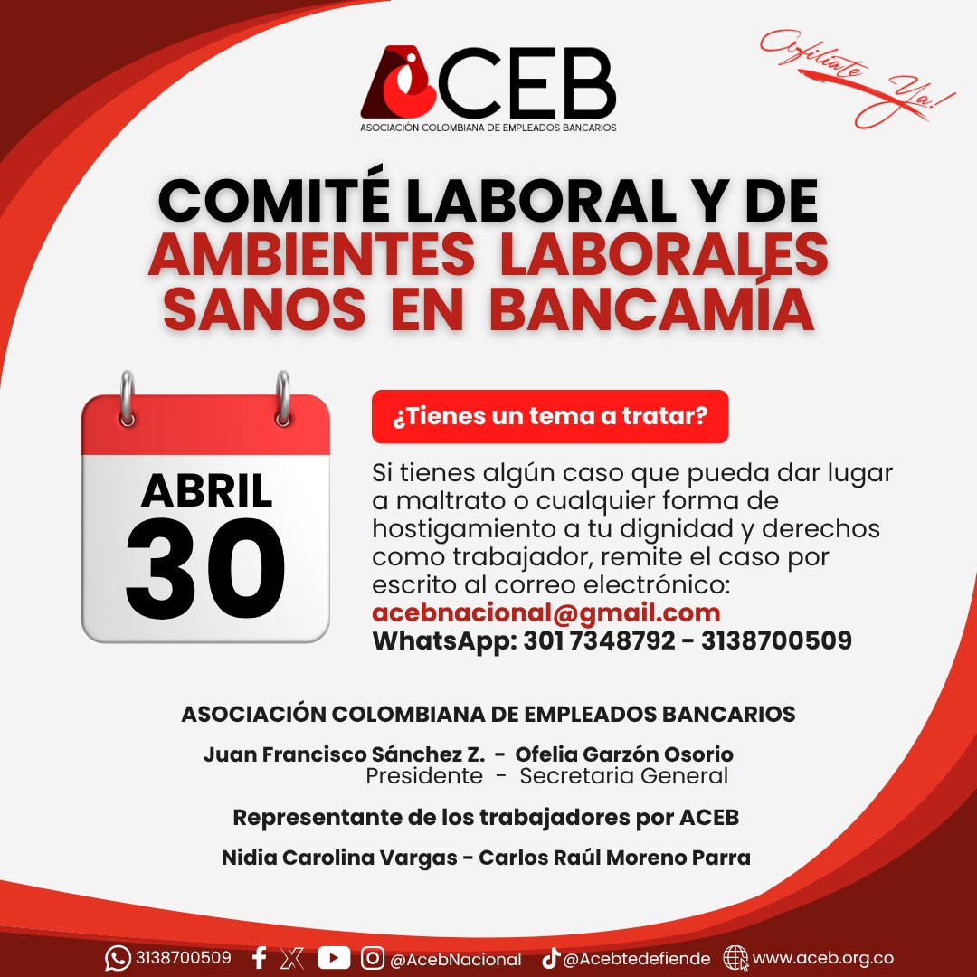 acebnacional's tweet photo. Comité Laboral y de Ambientes Laborales Sanos | Bancamía 
📅30 de Abril 
¡ACEB siempre presente! https://t.co/uPDNaZwL5b