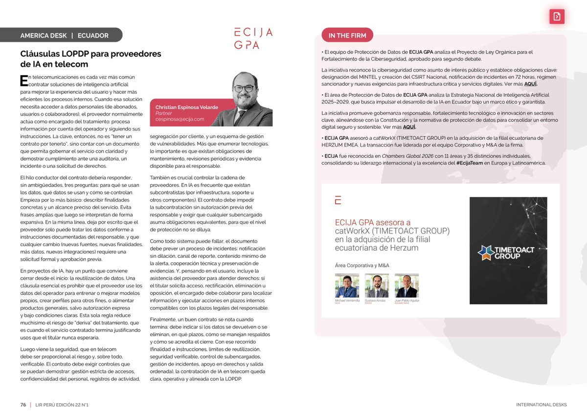 📌Medios | Cláusulas LOPDP para proveedores de IA en telecom.

Nuestro socio Christian F. Espinosa-Velarde, participa en la edición 22.1 de The Legal Industry Reviews - Perú, con el artículo “Cláusulas LOPDP para proveedores de IA en telecom”, donde analiza los principales