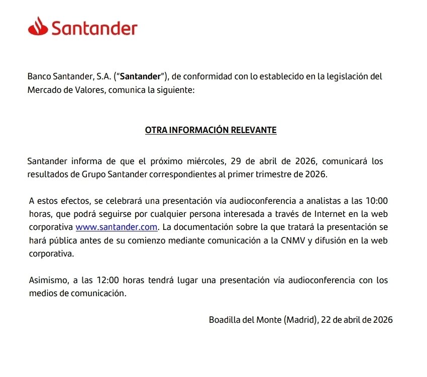 iparatx's tweet image. El próximo 29 de abril de 2026, miércoles, el @santander_es comunicará los resultados del 1T2026

$SAN #Santander