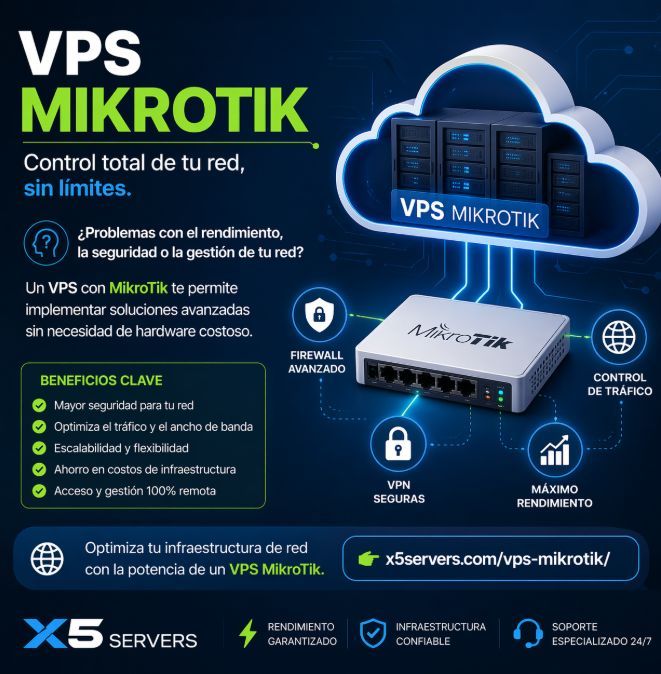 X5servers's tweet photo. ¿Tu red necesita más control, seguridad y rendimiento? 🚀
Con un VPS MikroTik puedes gestionar tráfico, VPN y firewall sin hardware costoso.

Optimiza tu infraestructura hoy 👉 https://t.co/UHGJIQWyPK

#MikroTik #VPS #Redes #SysAdmin #Tecnología https://t.co/N9tRH8gusV