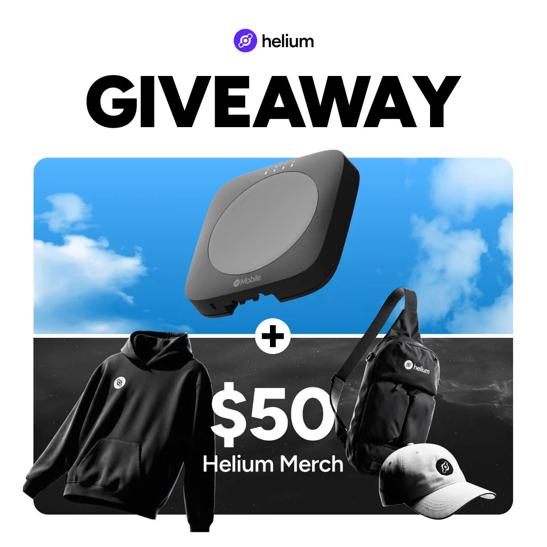 Helium logo. 
GIVEAWAY. Helium Indoor Hotspot plus black Helium sweatshirt, $50 toward Helium Merch, black Helium sling bag, white Helium baseball hat.