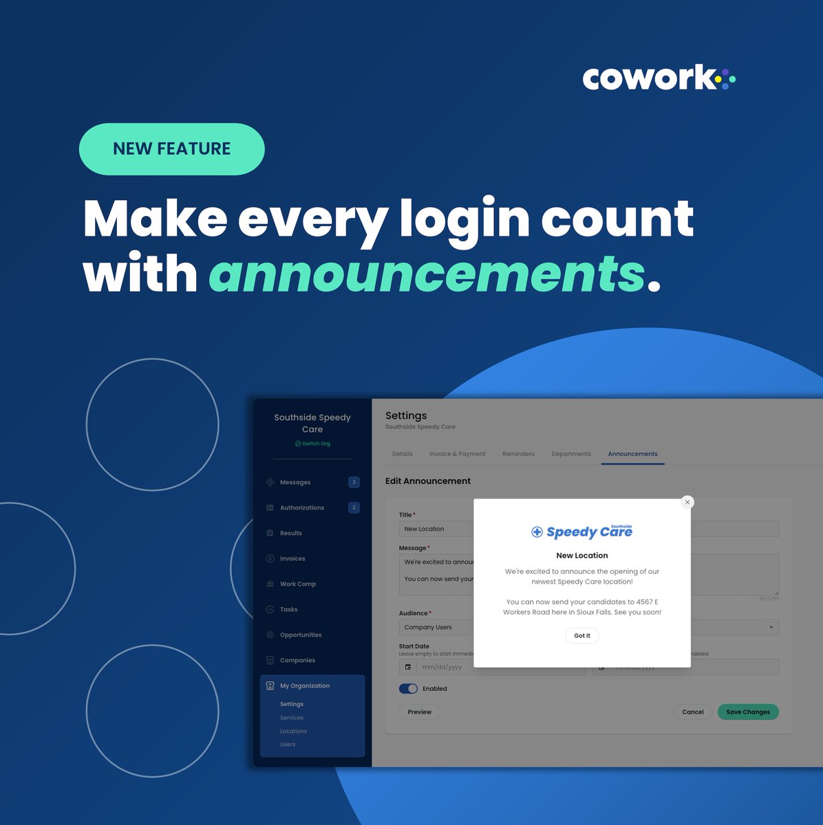 CoworkHealth's tweet photo. Every login is now an opportunity to communicate with your occ med clients.  With "Announcements" in Cowork, you can deliver important updates the moment users sign in.  

Get started at https://t.co/0PyCwughkm. https://t.co/HD0ExCzuXz