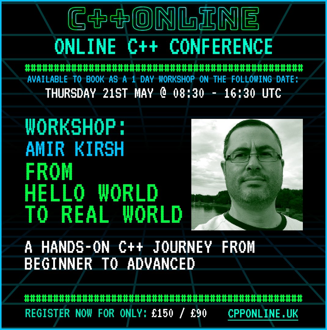 cpponlineconf's tweet image. From Hello World to real-world C++ 💡
A full-day, hands-on workshop covering modern C++ fundamentals, best practices, STL, smart pointers &amp;amp; design—perfect for beginners and improvers.
🗓 May 21
🔗Find out more and register: cpponline.uk/workshop/from-…
#cpp #programming #beginners