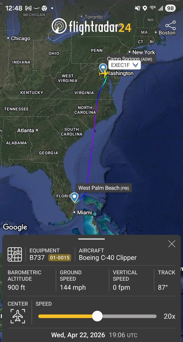 Borrowed7Time's tweet photo. USAF C-40 Clipper 01-0015 #AE115D as EXEC1F en route from W Palm Beach to JB Andrews with FLOTUS on board.
@sipjack1776 @LadyAstroJet @USGovJets https://t.co/LrXwlExIE9