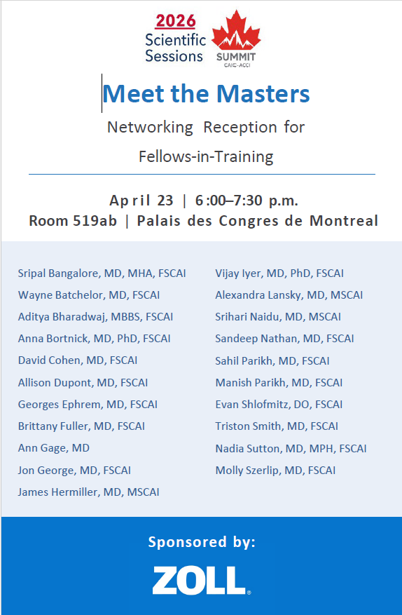 CheverePhD's tweet photo. Attending #SCAI2026 in Montreal? Don’t miss Meet the Masters on April 23, 6:00-7:30 p.m. in Room 519ab.

An outstanding opportunity for Fellows-in-Training to connect with leaders in IC, including Drs. Alexandra Lansky, Srihari Naidu, Sandeep Nathan, Nadia Sutton, Ann Gage, Molly Szerlip, Triston Smith, and many others!

#InterventionalCardiology #CardiologyFellows