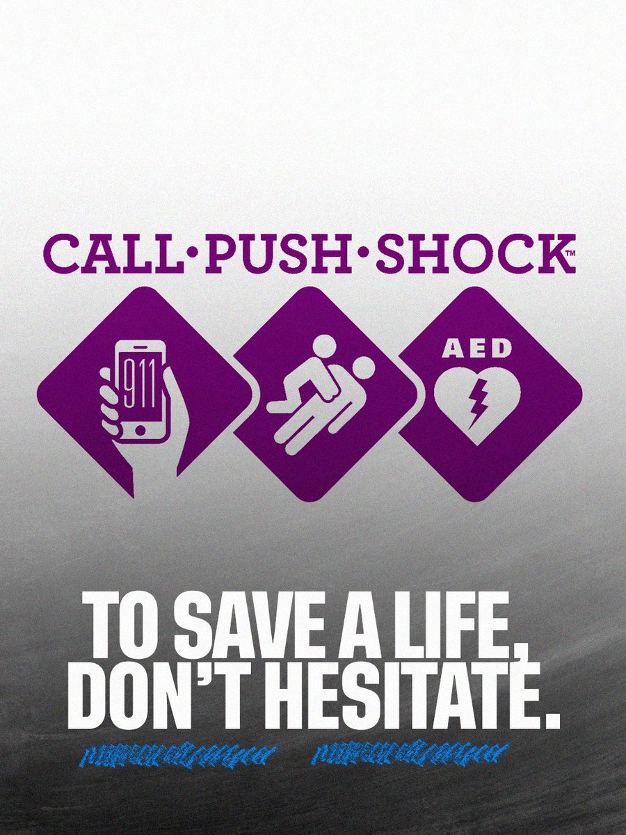 HuddleForHearts's tweet image. Don’t hesitate. Call, Push, Shock.

#SavingLives #HeartHealth #SuddenCardiacArrest #CPR