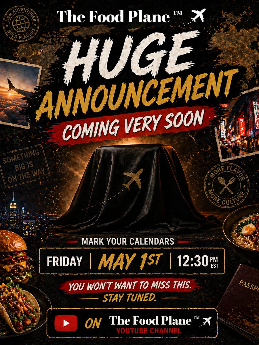 DSElias1's tweet image. Something BIG is about to take off… ✈️ Don’t miss the announcement May 1st at 12:30PM 👀🔥#TheFoodPlane #FoodAndCulture #BigAnnouncement #FoodContentCreator