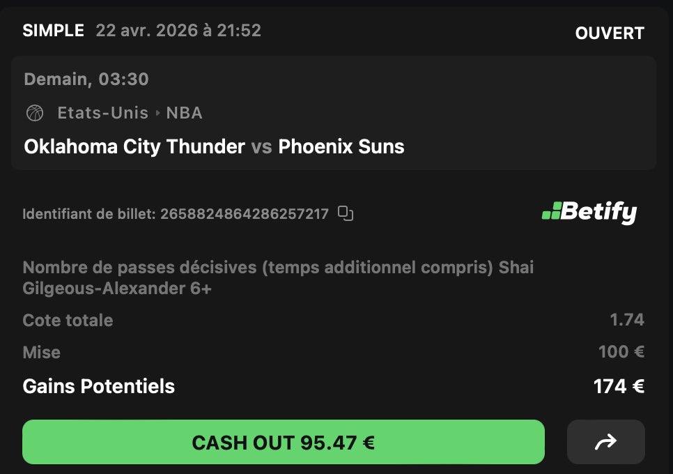 theo69prono's tweet image. #NBA

🔸 SGA +5.5 passes @1.74 1%

Cut passé 3/3 contre les Suns en SR
7 passes lors du G1 avec 15 xA en 3QT
Brooks sur lui + doublé constamment donc doit + lâcher la balle
En espérant le voir 4QT ce soir 

✅Pour bet sur le même book : urlr.me/EyBAtT

♻️❤️ si tu suis