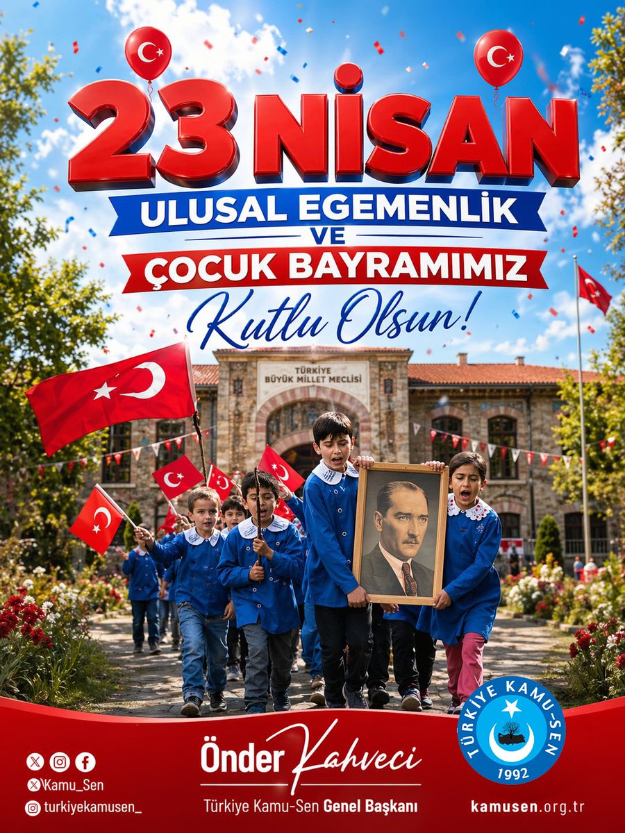 OnderKahveci's tweet photo. 23 Nisan 1920; milletimizin kendi kaderine sahip çıktığı, egemenliğin kayıtsız şartsız millete ait olduğunu tüm dünyaya ilan ettiği kutlu bir dönüm noktasıdır.

Gazi Mustafa Kemal Atatürk’ün bu anlamlı günü çocuklarımıza armağan etmesi, geleceğimize duyduğu sarsılmaz güvenin en güçlü ifadesidir.

Ne yazık ki bu anlamlı günlerde Şanlıurfa ve Kahramanmaraş’ta okullarımızda yaşanan menfur saldırılar yüreğimizi dağlamıştır. Hayatını kaybeden öğretmenimize ve öğrencilerimize yüce Allah’tan rahmet, yaralı evlatlarımıza acil şifalar diliyoruz. 

Türkiye Kamu-Sen olarak; çocuklarımızın huzur, güven ve umutla yetişeceği bir Türkiye için mücadelemizi kararlılıkla sürdürüyoruz.

Başta Gazi Mustafa Kemal Atatürk ve silah arkadaşları olmak üzere tüm kahramanlarımızı rahmet ve minnetle anıyor; aziz milletimizin ve çocuklarımızın 23 Nisan Ulusal Egemenlik ve Çocuk Bayramı’nı kutluyorum. 🇹🇷