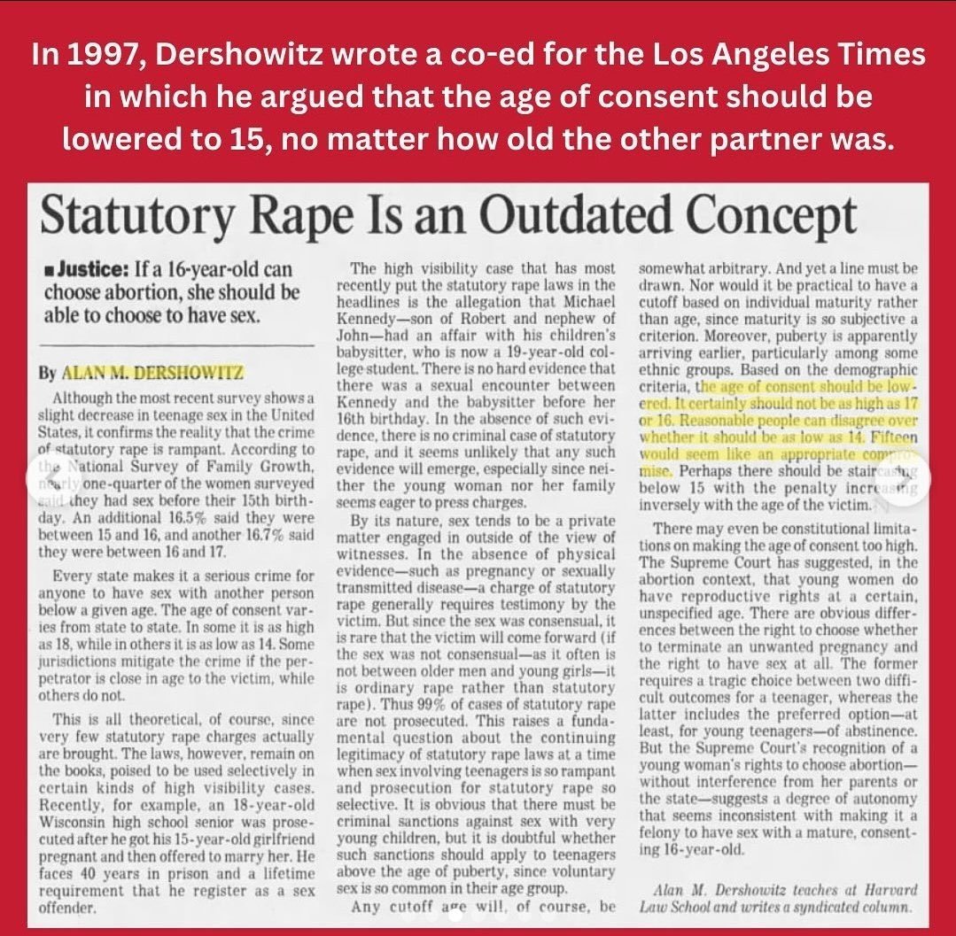 ALAN DERSHOWITZ:

✔️ Epstein’s lawyer.
✔️ Jewish-American Zionist.
✔️ Epstein Island visitor.
✔️ Publicly argued that adults should be allowed to have sex with 14-year-old children.

<a href="/marklevinshow/">Mark R. Levin</a>: “WELCOME TO THE GOP!”