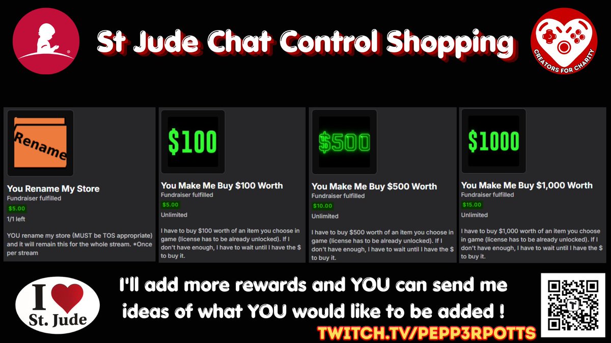 Since CC isn't available 4 the version of SuperMarket Sim I'm using or MegaStore Sim I've come up with my own version, it's called St Jude Chat Control Shopping. Visit my LIVE stream 4 more info

#supermarketsim #Community #StJudeAmbassador #creatorsforcharity #TwitchWomensGuild