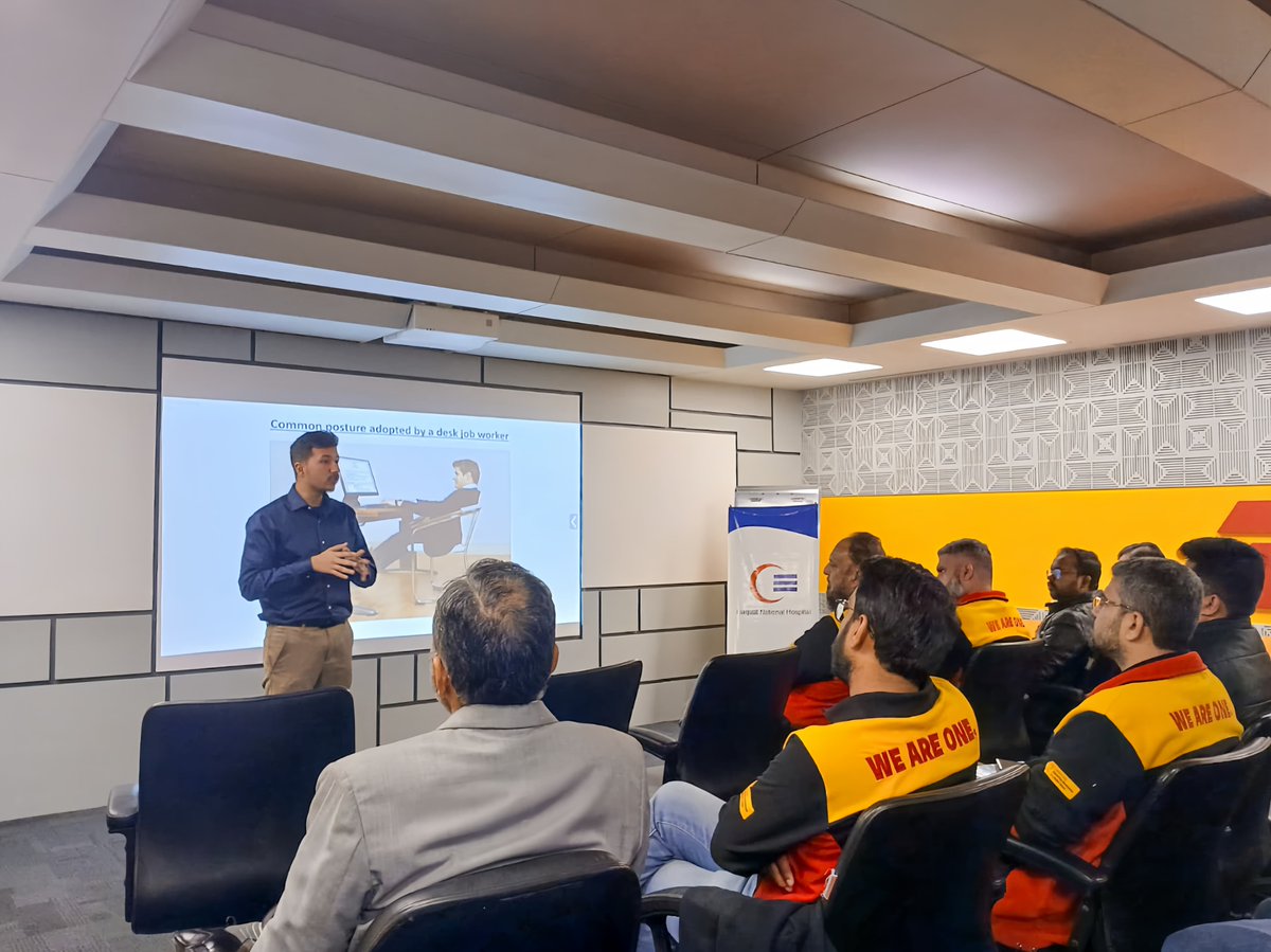 MHashirSiddiqui's tweet photo. Pleased to conduct a 2-day session on spinal health &amp; workplace ergonomics for desk-job workers at DHL Country Office, Karachi, representing Liaquat National Hospital. Focused on risks of prolonged sitting, MSD prevention, posture correction &amp; practical exercises &amp; stretches. https://t.co/zhcFlFe7fI
