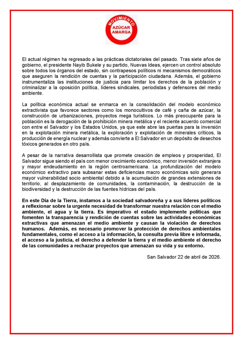 #ElSalvador | "Ningún gobierno ha logrado implementar las transformaciones estructurales necesarias para orientar a El Salvador hacia un camino de sustentabilidad ambiental que garantice la vida de las futuras generaciones": <a href="/AzucarAmargaSV/">AzúcarAmargasv</a> en el Día Internacional de la Tierra.