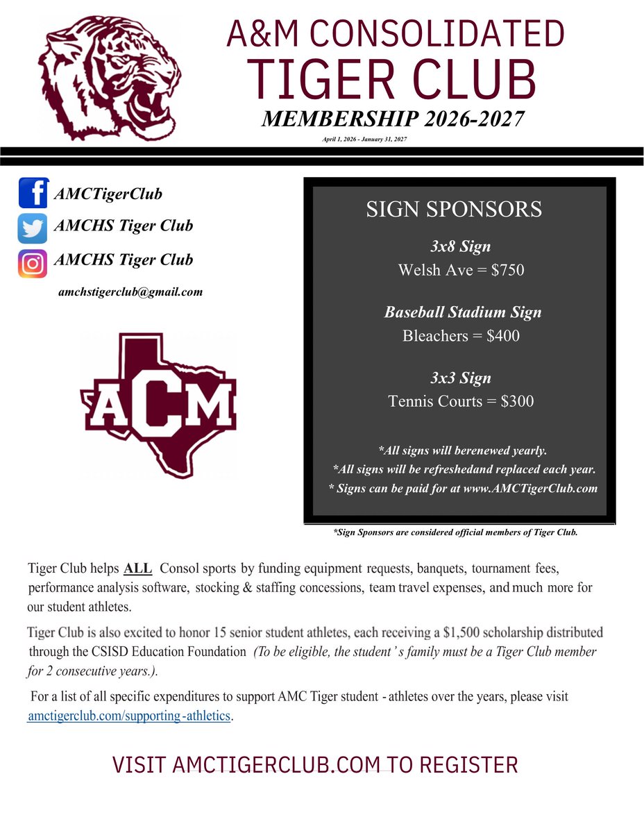 AMCHSTigerClub's tweet photo. 🌟Tiger Club memberships are now open for renewal for the 26-27 season🌟 help us support ALL our Tiger teams #DYJ #theFlagship https://t.co/BlCM96yGHs