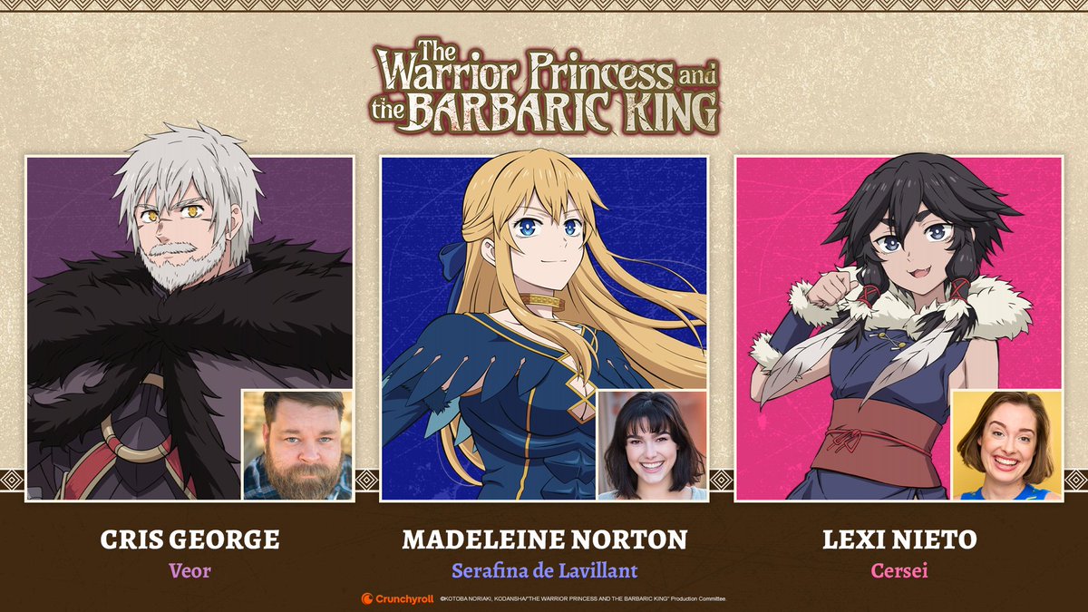 Crunchyroll's tweet photo. The English dub of The Warrior Princess and the Barbaric King begins tomorrow! 👑

Serafina - @MadeleineNoire
Veor - @CrisGeorgeVA
Cersei - @lexi_nieto

✨ CAST &amp; CREW: https://t.co/OaGhxvfDC6 https://t.co/jISkEAmzF1